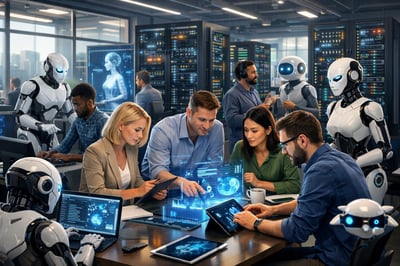  The image visualizes how many AI tools, language models and agents SMEs are already using in their daily work. The image shows the collaboration between AI agents and human employees in a high-tech environment.