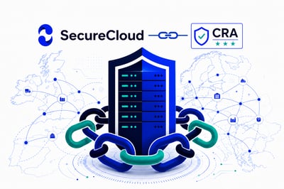 Das Bild visualisiert, wie SecureCloud mit seinen souveränen Cloudlösungen Unternehmen dabei hilft, den Cyber Resilience Act (CRA) als Chance zu nutzen (KI-generiert).