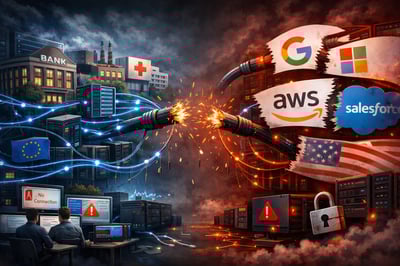  The picture shows a series of companies, servers and computer centers that are all networked with each other and depend on a few US companies (Google, Microsoft, AWS, Salesforce). Because these hubs are cut off, the flow of data between European companies and authorities comes to a standstill.