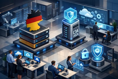  Das Bild zeigt eine moderne Büroumgebung, in der Technologie und sichere Zusammenarbeit in der Cloud im Vordergrund stehen. (KI-generiert) 