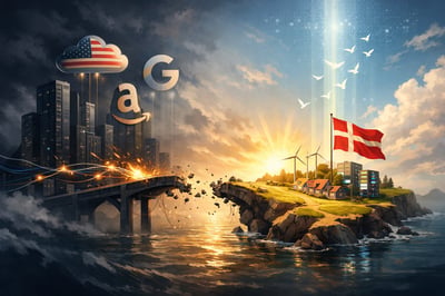  Das Bild visualisiert, wie Dänemark digitale Souveränität pragmatisch umsetzt durch den Ausstieg aus der Abhängigkeit von Microsoft.