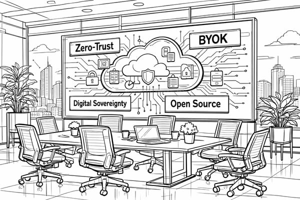  The image illustrates how the new German stack anchors the areas of zero trust, BYOK and open source in the IT tech stack of regulated industries (AI-generated).