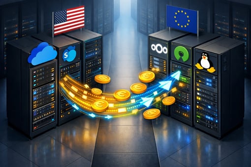  Das Bild visualisiert den Wechsel von Microsoft One Drive und Sharepoint zu sichereren und günstigeren europäischen Open Source-Alternativen durch zwei Server-Räume zwischen den Daten hin- und herfließen.
