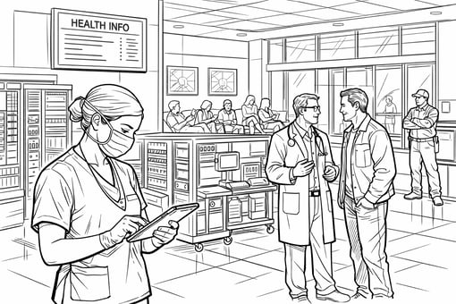  The image depicts a modern healthcare facility, bustling with activity. In the foreground, a nurse, wearing blue scrubs and a surgical mask, is attentively reviewing patient charts on a digital tablet. NearbDas Bild zeigt einen Serverraum in einem Krankenhaus, in dem medizinische Geräte neben Servern und großen Netzwerkcomputern stehen.. 