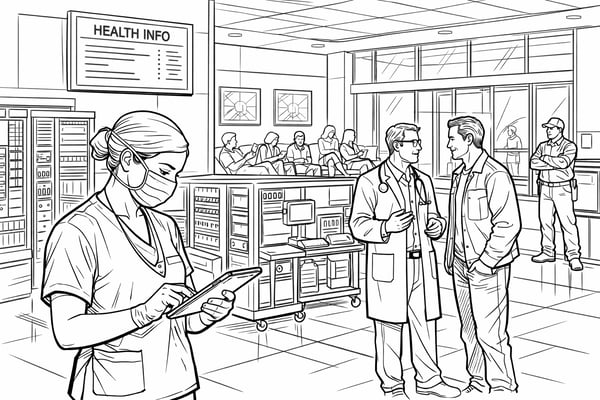  The image depicts a modern healthcare facility, bustling with activity. In the foreground, a nurse, wearing blue scrubs and a surgical mask, is attentively reviewing patient charts on a digital tablet. NearbDas Bild zeigt einen Serverraum in einem Krankenhaus, in dem medizinische Geräte neben Servern und großen Netzwerkcomputern stehen.. 