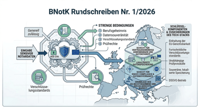  Das Bild zeigt einen technologischen Rahmen für die sichere Cloud-Nutzung durch Notariate.