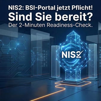  Das Bild zeigt das Logo das SecureCloud NIS2-Readyness-Checks vor einem Serverraum (KI-generiert).