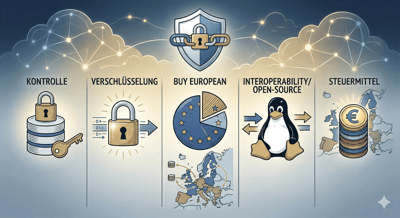  Das Bild visualisiert die Forderung von 25 europäischen Cloud-CEOs, die die EU vor Souveränitäts-Washing warnen.