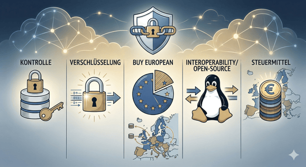  Das Bild visualisiert die Forderung von 25 europäischen Cloud-CEOs, die die EU vor Souveränitäts-Washing warnen.