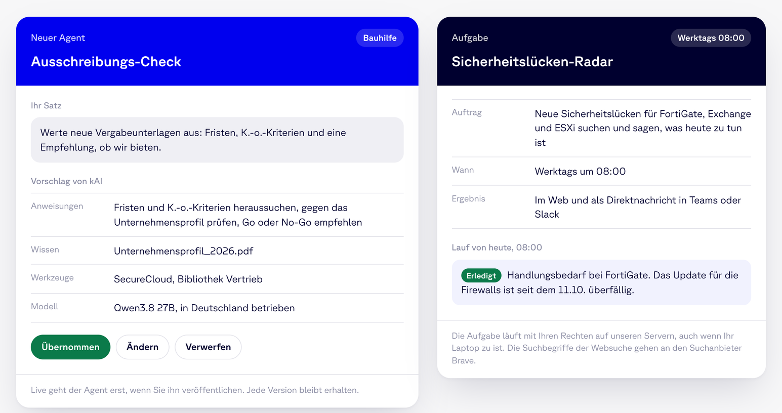 Links ein neuer Agent, den kAI aus einem Satz vorschlägt, rechts eine Aufgabe, die werktags um 08:00 nach neuen Sicherheitslücken sucht